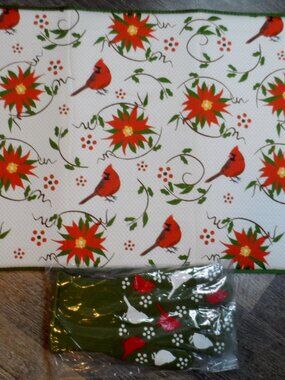 Temp-tations Oven Gloves & Kitchen Mat Set Red Cardinals & Flowers NIB